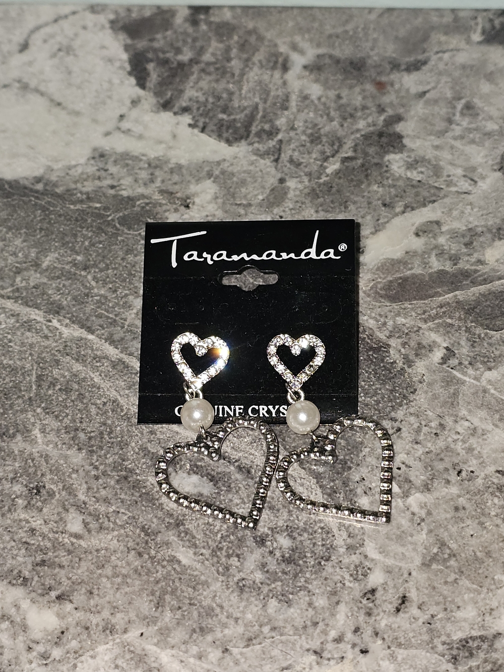 Taramanda Silver Crystal & Pearl Heart Drop Earrings